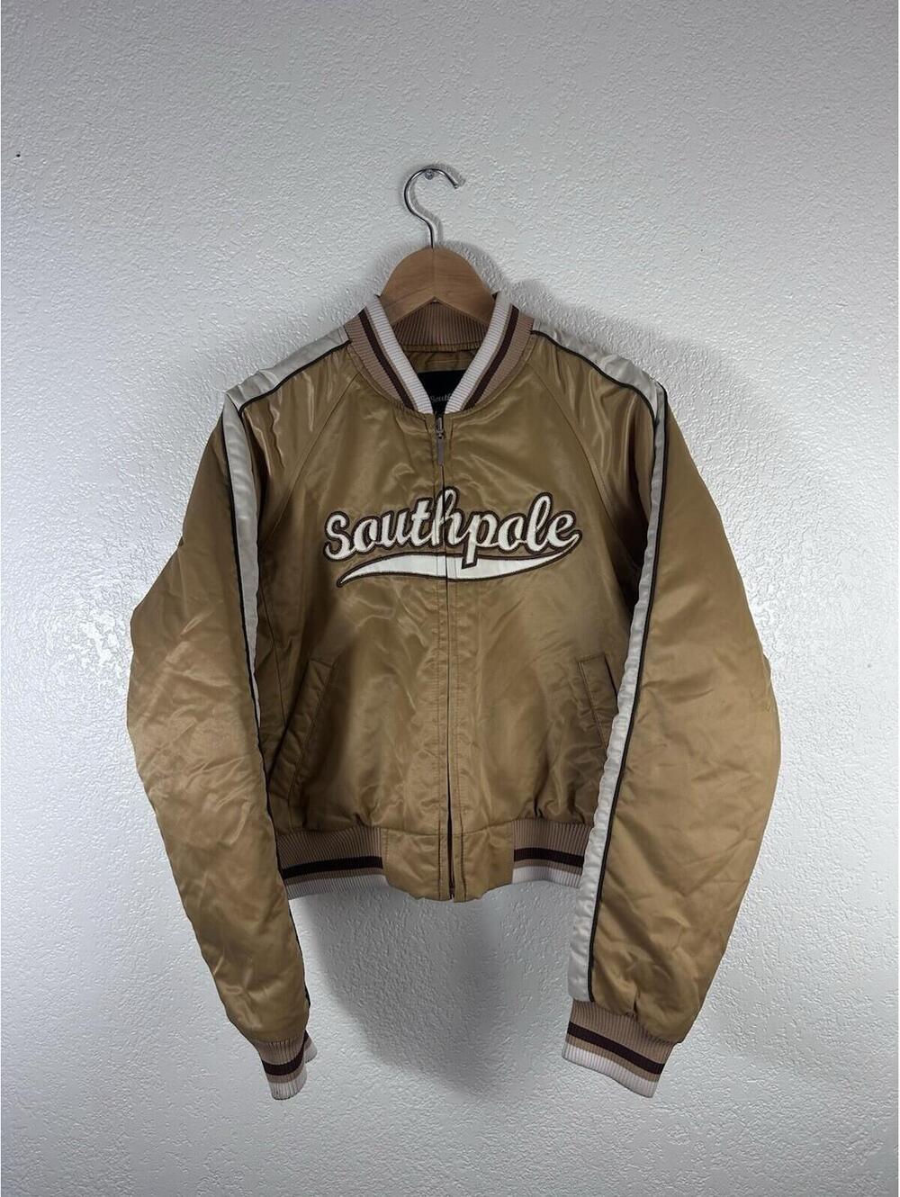 Southpole Satin Bomber Jacket Gold Brown Striped Sleeve Quilted Lined Size M